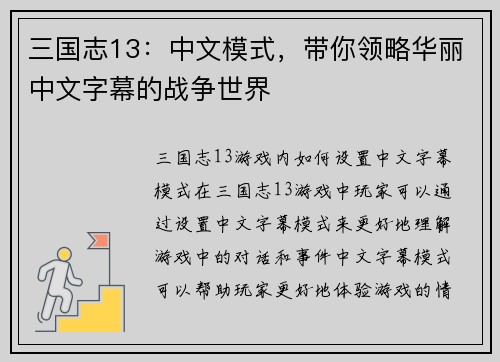 三国志13：中文模式，带你领略华丽中文字幕的战争世界